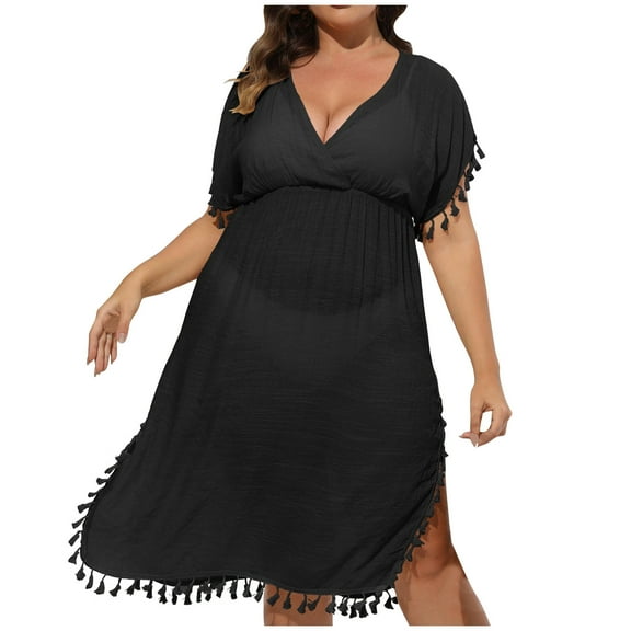 Brnmxoke Womens Swimsuit Coverups Plus Size Solid V Neck Bikini Swimwear Bathing Suit Flowy Tassel Beach Cover Up Dress Swimsuits Beachwear