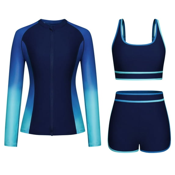 Brnmxoke Womens Tankini Swimsuit Tummy Control - 3 Piece Long Sleeves Rash Guard Athletic Swimwear Sets Uv Protection Beachwear Outfit Blue,S