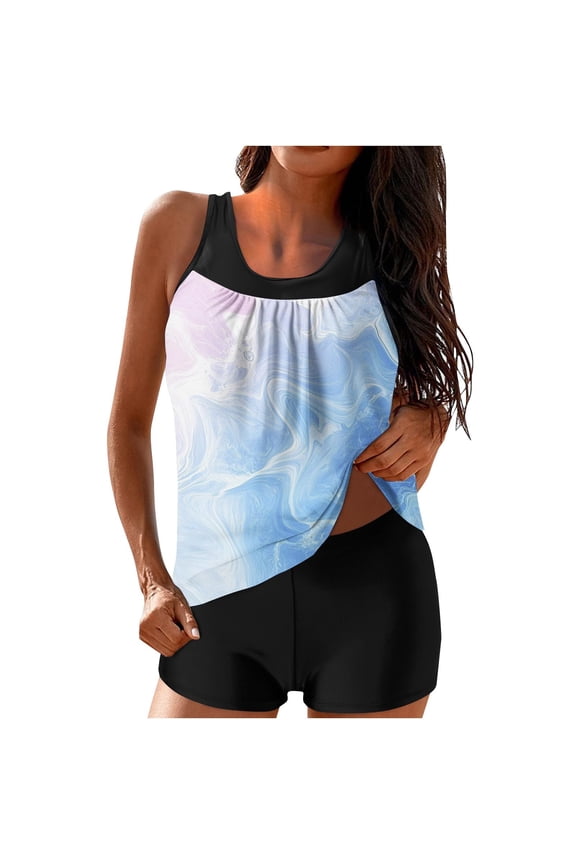 Sport Tankini Swimsuits for Women Two Piece Modest Printed Bathing Suits Tank Tops with Shorts Sporty Swimwear Outfits Multicolor,S