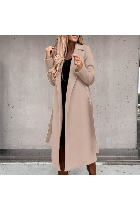 Womens Trench Coat Long Faux Wool Coat Winter Notched Lapel Open Front Trench Jacket Slim Pea Coat Warm Cardigan Overcoat Outwear with Belt