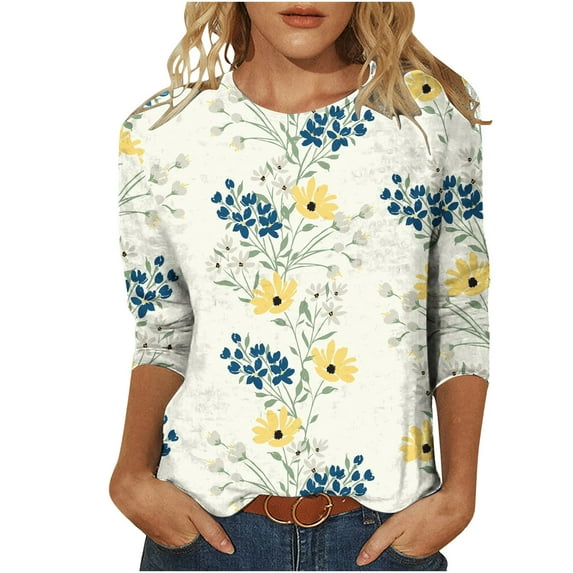 Brnmxoke Womens Vintage Leaves Print Summer Blouses Elbow Length Casual Tops 3/4 Sleeve Tshirts Floral Shirts Loose Fit Ladies Graphic Tees Yellow,L