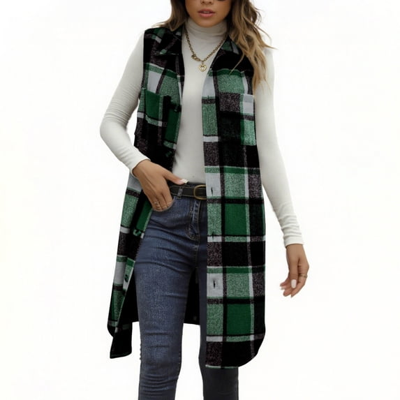 Brnmxoke Womens Winter Vest Plaid Flannel Soft Long Sleeveless Button Down Vests Casual Lapel Neck Checkered Shacket Waistcoat Green,S