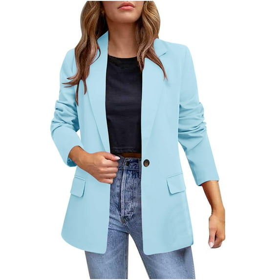 Brnmxoke Womens Work Blazers Casual Blazer Jacket One Button Stretchy Long Sleeve 0ffice Blazer Lapel Open Front Jackets Sky Blue,M