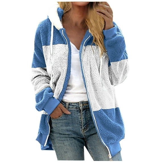 Brnmxoke Womens Zip Up Fuzzy Hoodie Casual Winter Fleece Sherpa Jacket Chic Plush Zipper Hooded Jacket Plus Size Long Sleeve Patchwork Thermal Jacket Coat Outfits