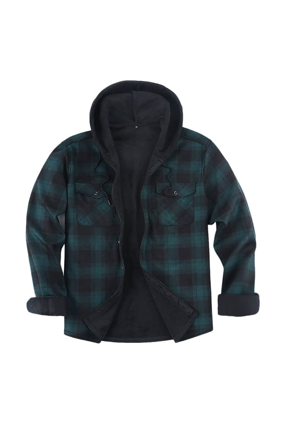 Wool Plaid Shirt Men Cozy Flannel Fleece Insulated Hooded Jackets Quilted Long Sleeve Thicken Coats with Pockets Green,XXXL