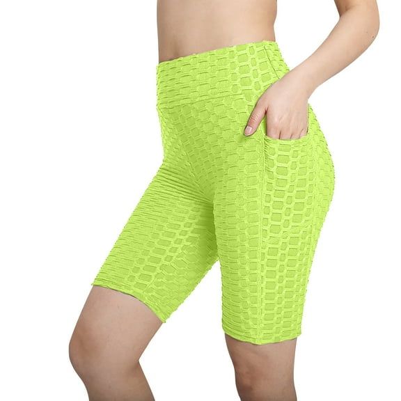 Brnmxoke Workout Shorts for Women High Waisted Yoga Pants with Pocket Summer Solid Shapewear Butt Lifting Jacquard Leggings