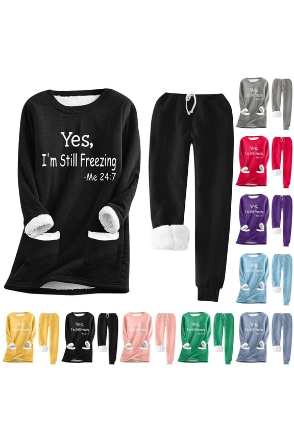 Yes, I'm Still Freezing Women's Fleece 2 Piece Outfits Winter Warm Sherpa Lined Pockets Tracksuits Funny Letter Print Pullover Sweatshirts & Sweatpants Set Blue,S