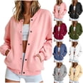 thumbnail image 1 of Brnmyaeo Bomber Jacket for Women Casual Button Down Varsity Jackets with Pockets Fall Fashion Oversized Long Sleeve Fleece School Athletic Shackets, 1 of 8