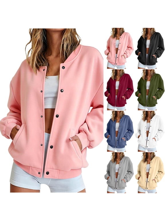 Bomber Jacket for Women Casual Button Down Varsity Jackets with Pockets Fall Fashion Oversized Long Sleeve Fleece School Athletic Shackets