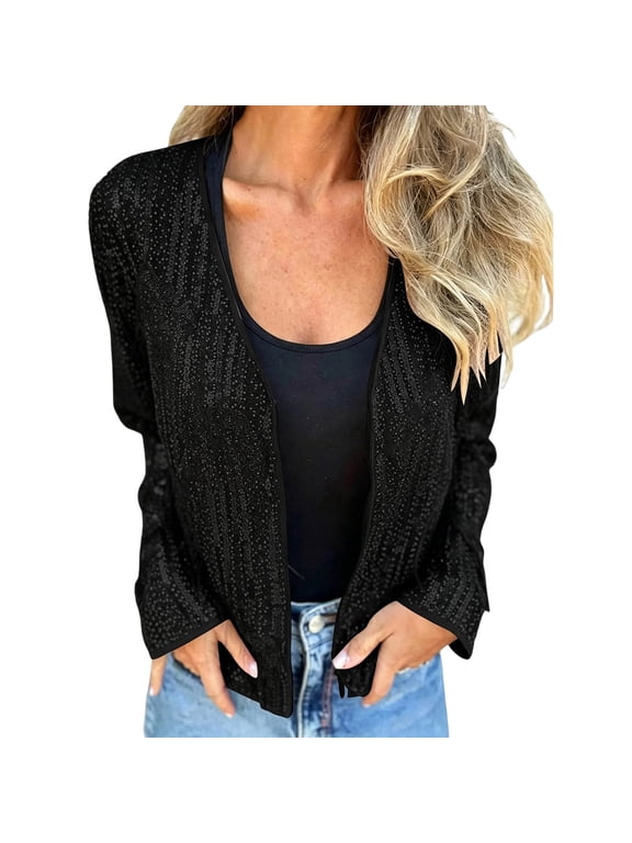 Sequin Cardigans for Women V Neck Open Front Glitter Sparkly Jacket Dressy Long Sleeve Cardigan for Party Festive Outer Cover Up