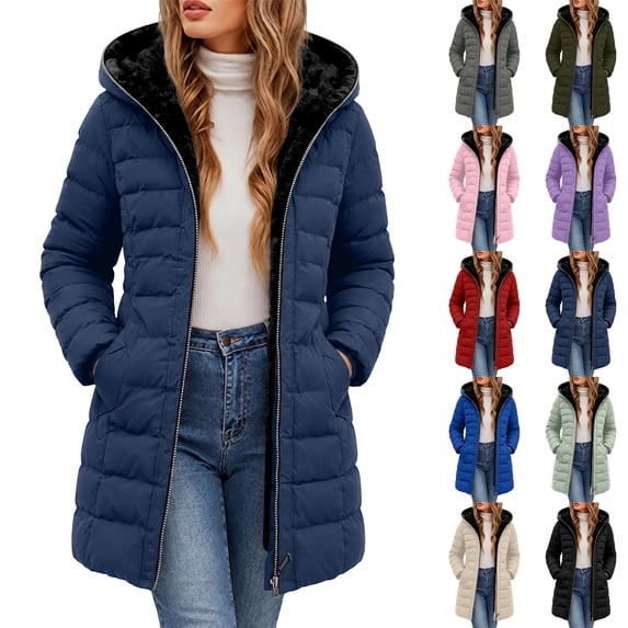 Brnmyaeo Women Long Puffer Coat Winter Warm Full Zip Up Hooded Jacket Fashion Thick Fleece Lined Long Sleeve Quilted Coats with Pockets