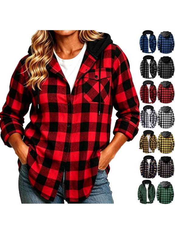Women's Buffalo Plaid Hoodie Oversized Button Down Long Sleeve Drawstring Shirts Fall Winter Checkered Pullover Hooded Jacket with Pocket