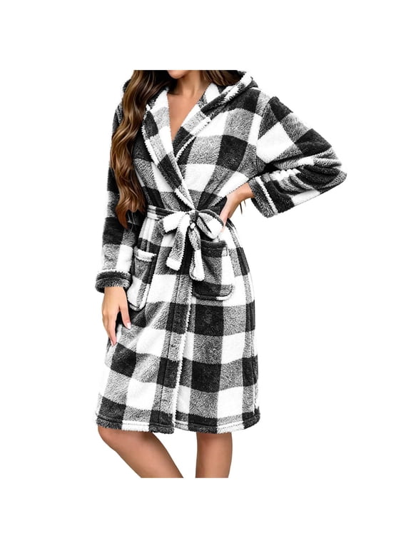 Women's Plaid Flannel Robe Cozy Fuzzy Fleece Hooded Long Bathrobe with Pockets Winter Trendy Tie Waist Checkered House Robes