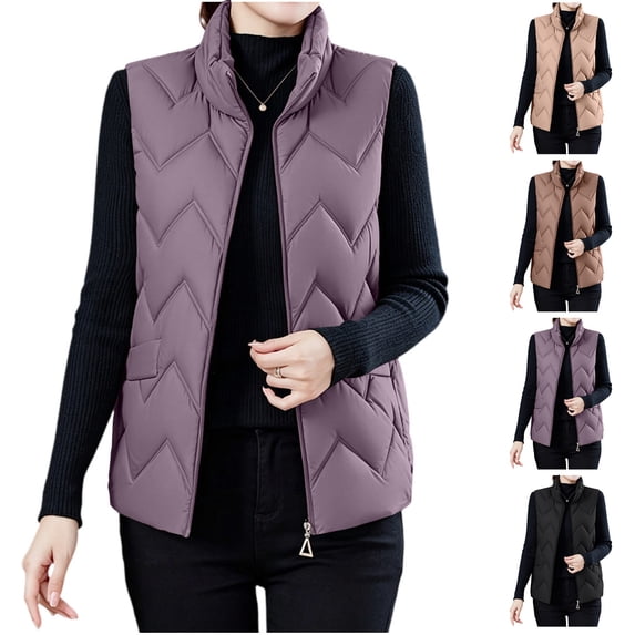 Brnmyaeo Women's Quilted Vest Lightweight Warm Puffer Stand Collar Gilet Fashion Sleeveless Zip Up Short Padded Outerwear with Pockets