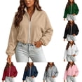 thumbnail image 1 of Brnmyaeo Women's Zip Up Cropped Sweatshirt Soft Comfy Fleece Jacket Casual Stand Collar No Hood Coat Oversized Long Sleeve Sweatshirts with Pockets, 1 of 8