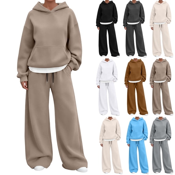 Brnmyaeo Womens 2 Piece Lounge Sweat Sets 2026 Fleece Lined Sweatsuit Set Oversized Hoodie Drawstring Wide Leg Sweatpants Track Suits with Pockets