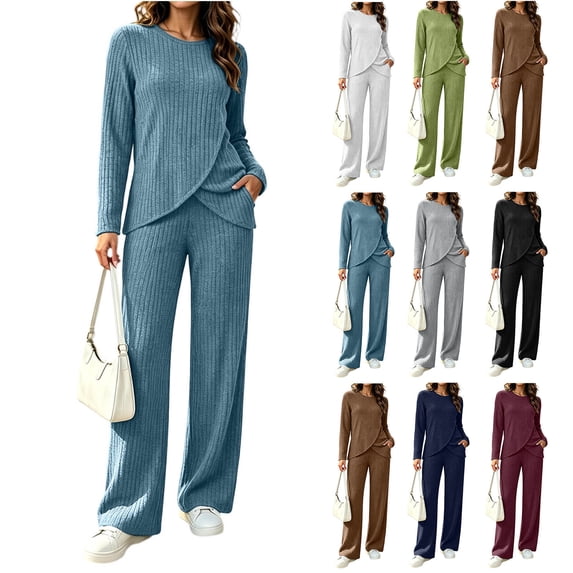 Brnmyaeo Womens 2 Piece Sets Ribbed Knit Asymmetrical Hem Long Sleeve Top and Straight Leg Pants Warm Cozy Matching Sets Airport Outfit