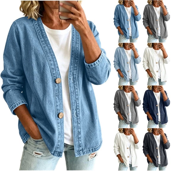 Brnmyaeo Womens Basic Button Down Jean Jacket Oversized V Neck Collarless Denim Jackets Fall Trendy Light Classic Long Sleeve Cardigan Shacket Coat
