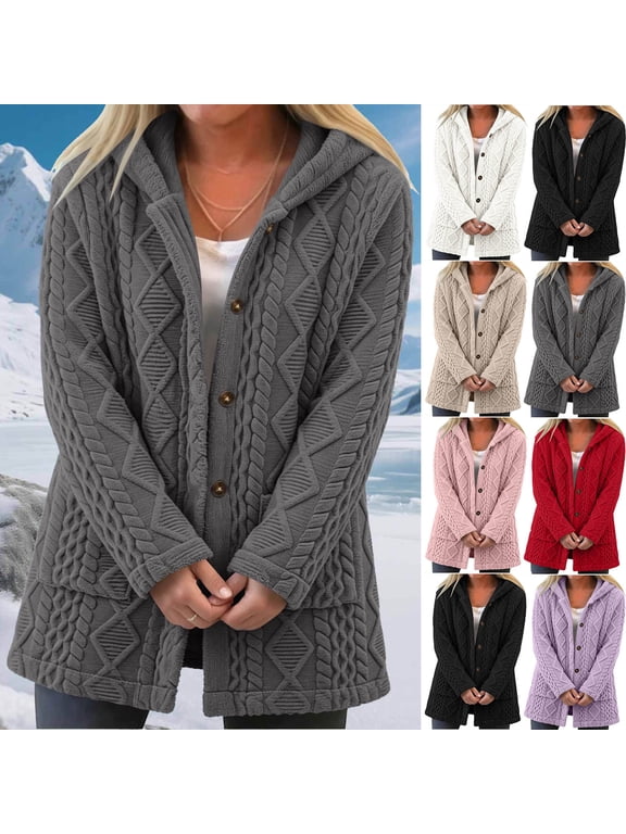 Womens Cable Knit Jacket Button Down Mid-Length Hooded Cardigans with Pockets Long Sleeve Textured Outerwear Coat for Daily Wear