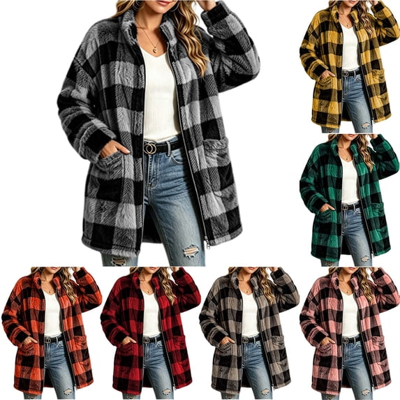 Brnmyaeo Womens Fleece Flannel Jacket Trendy Plaid Sherpa Lined Jacket with Pockets Oversized Button Down Mid-Length Warm Teddy Coat