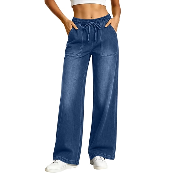 Brnmyaeo Womens Jeans Wide Leg High Waisted Denim Pants Drawstring Tie Elastic Waist Stretchy Trouser Jeans with Patch Pockets