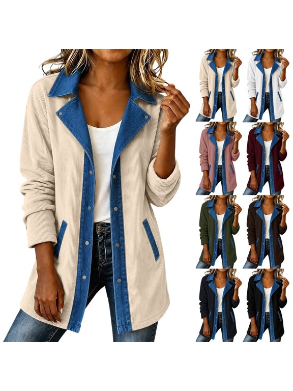 Womens Long Corduroy Jacket Denim Patchwork Lapel Button Down Cardigan Brushed Plaid Long Sleeve Denim Trimmed Open Front Shacket Jackets
