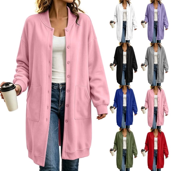 Brnmyaeo Womens Long Sweatshirt Jacket Oversized Button Down Long Sleeve Tunic Sweatshirts with Large Pockets Fall Winter Warm Fleece Coats