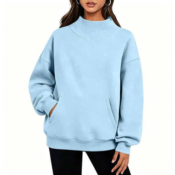 Brnmyaeo Womens Mock Neck Sweatshirts Comfy Oversized Ribbed Turtleneck Pullover with Pockets Fall Outfits Casual Soft Fleece Long Sleeve Tops