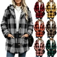 thumbnail image 1 of Brnmyaeo Womens Plaid Sherpa Jacket Casual Button Down Fuzzy Fleece Flannel Jacket with Pockets Oversized Long Hooded Warm Teddy Coat, 1 of 7