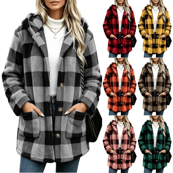 Brnmyaeo Womens Plaid Sherpa Jacket Casual Button Down Fuzzy Fleece Flannel Jacket with Pockets Oversized Long Hooded Warm Teddy Coat