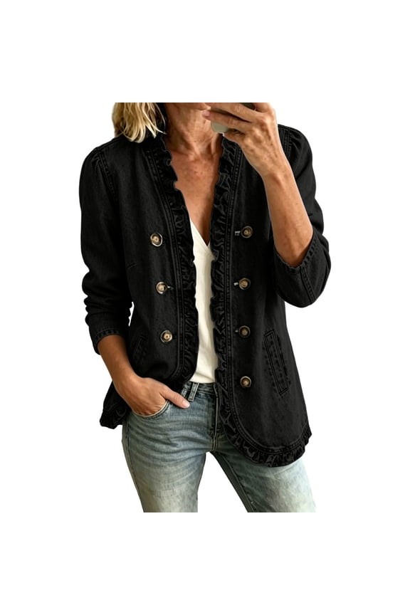 Womens Ruffled Denim Jacket Solid Long Sleeve Open Front Double Button Down Trucker Coat Slim Fit Cardigan Trendy Jean Jackets with Pockets