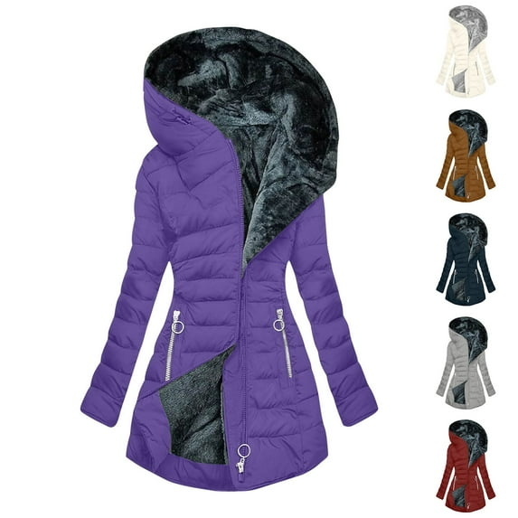 Brnxmoke Women's Long Winter Down Coat 2024 Full Zip Solid Hooded Outwear Warm Fit Thickened Faux Fur Parkas with Deeped Pocket Winter Jacket Navy,S