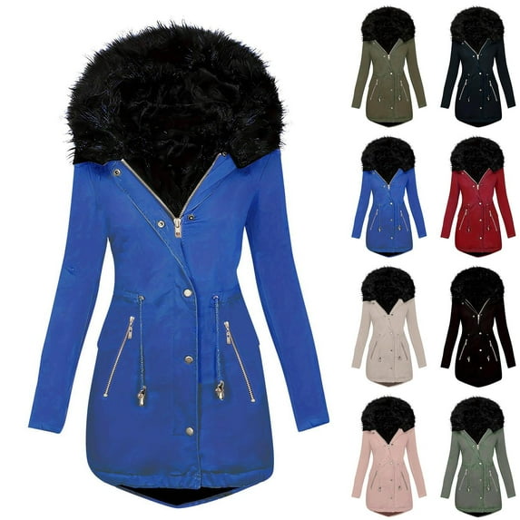 Brnxmoke Women's Winter Warm Coats Quilted Puffer Jacket Comfy Stylish Parka Jackets Coat Long Thicken Waterproof Snow Parka with Faux Fur Trim Hood Blue,L