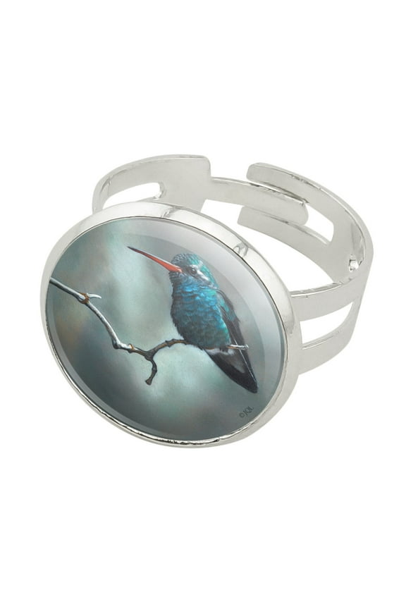 Broad-Billed Hummingbird Resting on Branch Silver Plated Adjustable Novelty Ring