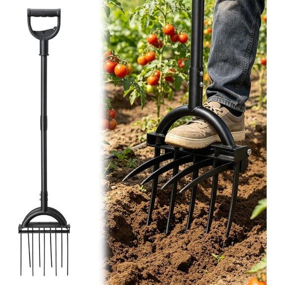 Broad Fork Garden Tool, 63" Heavy Duty Broadfork Hand Tiller with Double 5+4 Sharp Tines, Garden Pitchfork with Ergonomic D-Shaped Handle, Spading Dig