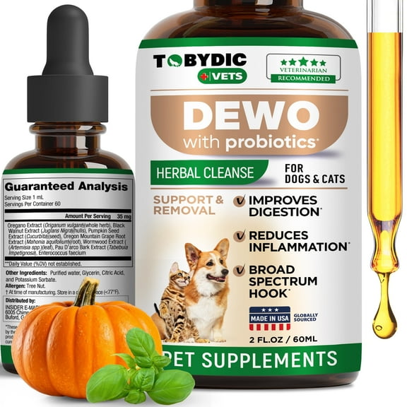 Broad Spectrum Herbal Medicine with Probiotic for Cats & Dogs - Prevention & Treatment for Tapeworm, Whipworm, Roundworm, and Hookworm - Medication & Supplement Against Worm Infestations - USA