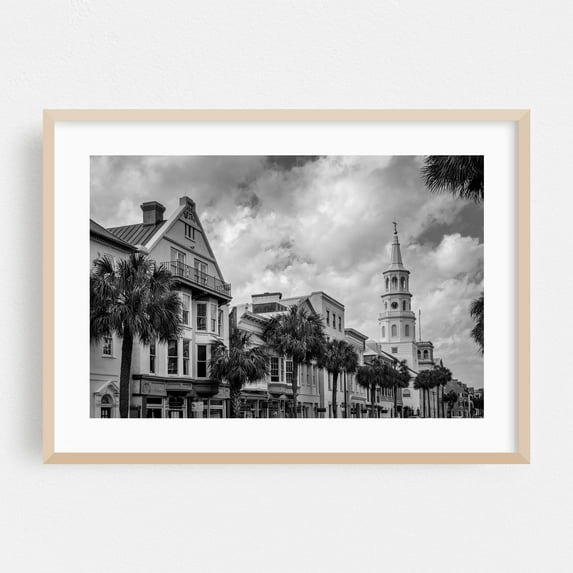Broad Street B&W - Charleston South Carolina Photography Black and White Architecture City Street Photography Palm Tree Vintage Cityscape Oak Framed Wall Art Print 5 x 7 inches
