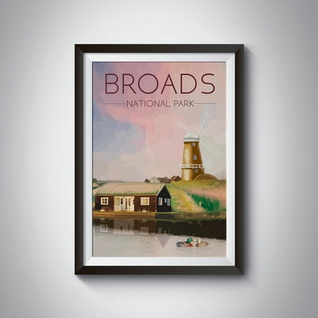 Broads National Park Poster Travel Print Norfolk Suffolk Uk Vintage Windmills Norfolk Broads Print Retro Travel Poster Wall Art