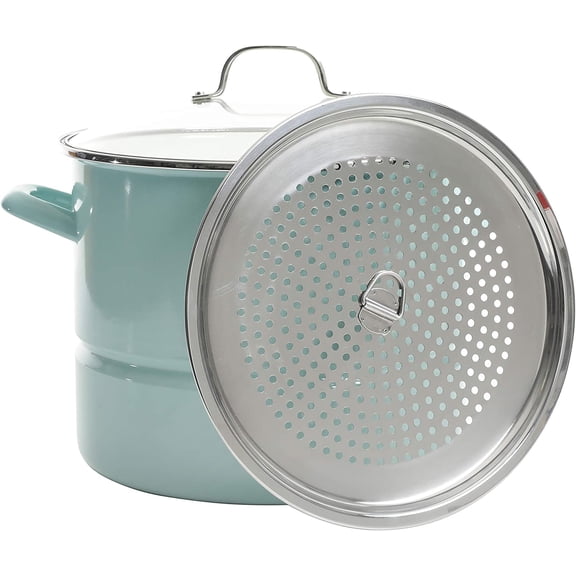 Broadway 16-Quart Stock Pot With Steamer Insert and Lid, Glacier Blue, Large Stainless Steel Cookware for Boiling, Steaming, and Soups