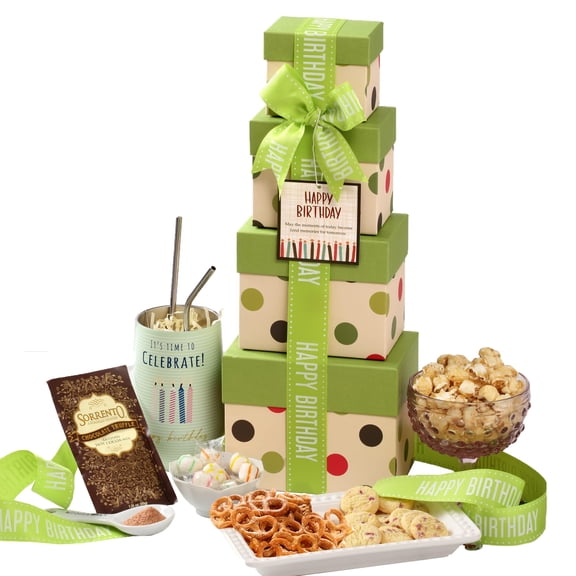 Broadway Basketeers Birthday Gift Tower Box for Men 16oz Insulated Mug - Snack Tower Box Savory Gourmet Snacks, Cookies, Nuts, Chocolate & Popcorn - Thoughtful Birthday Gift for Him or Dad Y101