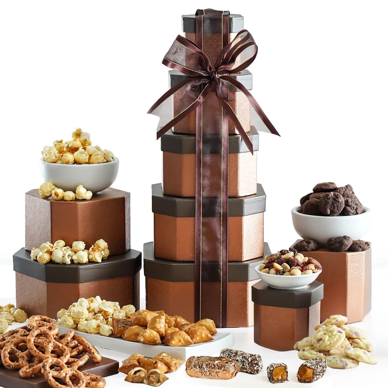 Broadway Basketeers Tower of Sweet Gift Set, Perfect for Christmas, Birthday, Corporate, Get Well, Thank You, or Any Holiday Occasion, Amazon Prime Gourmet Baskets Food Gifts, Brown, 5 Piece Set