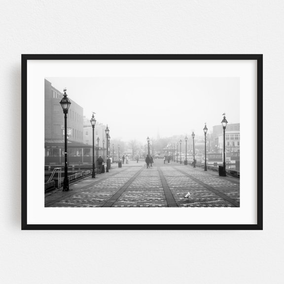 Broadway Pier B&W - Baltimore Maryland Photography Black and White Street Photography Cityscape Foggy Boardwalk Harbor Architecture Black Framed Wall Art Print 5 x 7 inches