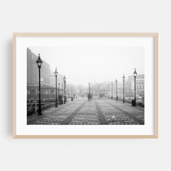 Broadway Pier B&W - Baltimore Maryland Photography Black and White Street Photography Cityscape Foggy Boardwalk Harbor Architecture Oak Framed Wall Art Print 5 x 7 inches