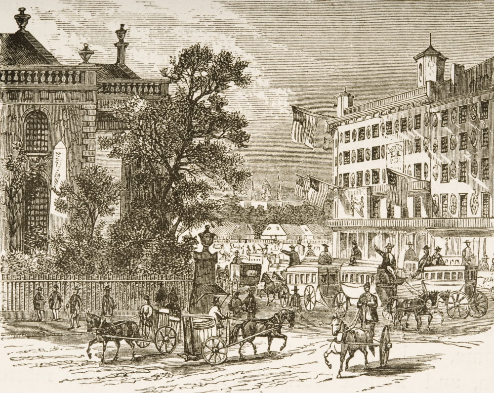 Broadway And St Pauls New York In 1870S From American Pictures Drawn With Pen And Pencil By Rev Samuel Manning Circa 1880 Canvas Art - Ken Welsh  Design Pics (16 x 12)