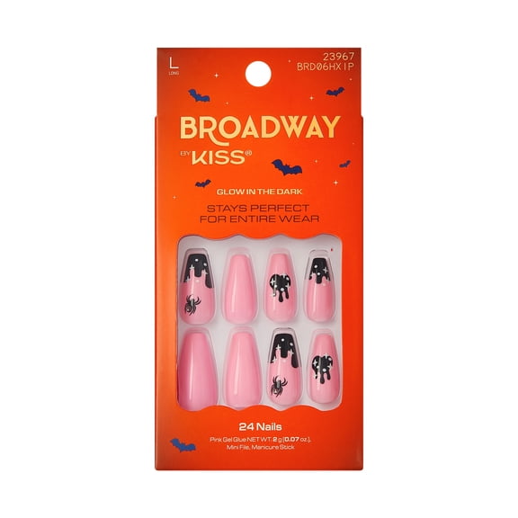 Broadway by Kiss Press On Nails, Ghostly Glee, Pink & Black, Long Coffin, 24 Count