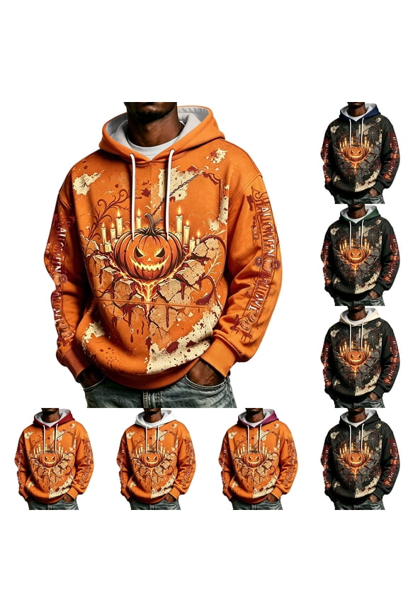 Halloween Hoodies for Men, Skeleton Horseman Tombstone Drawstring Hoodie, Vintage Gothic Sweatshirt with Pocket for Daily Wear & Halloween Party
