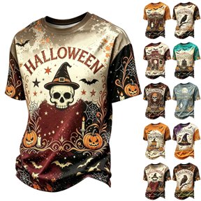 Broave Halloween Shirts for Men, Witch Hat Skull Pumpkin Crewneck Short Sleeve T-Shirt, Vintage Halloween Graphic Tee for Daily Wear & Halloween Party