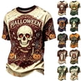 thumbnail image 1 of Yuaguia Halloween Shirts for Men, Glowing Eyes Skull Pumpkin Crewneck Short Sleeve T-Shirt, Vintage Halloween Graphic Tee for Daily Wear & Party, 1 of 8