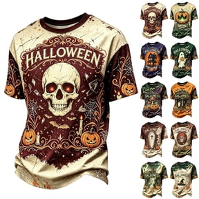 Broave Halloween Shirts for Men, Glowing Eyes Skull Pumpkin Crewneck Short Sleeve T-Shirt, Vintage Halloween Graphic Tee for Daily Wear & Party