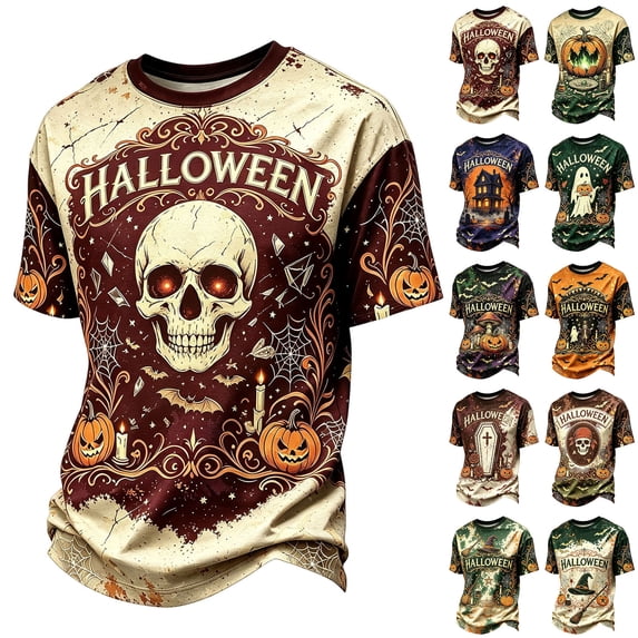Yuaguia Halloween Shirts for Men, Glowing Eyes Skull Pumpkin Crewneck Short Sleeve T-Shirt, Vintage Halloween Graphic Tee for Daily Wear & Party